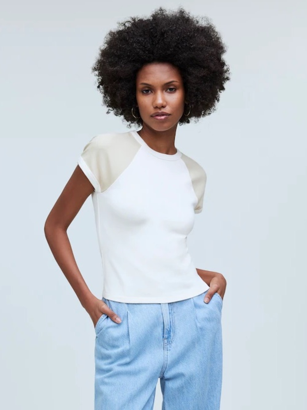 Madewell White Crewneck Tee with Cream Raglan Sleeves